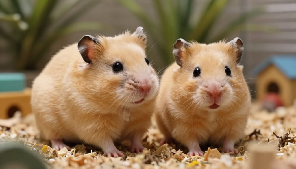 A close-up of two Syrian hamsters in a natural setting, one male and one female, perched on a soft layer of bedding in a cozy cage environment. The male hamster has a slightly larger, more robust body, and the female hamster appears smaller with a rounder belly, helping to illustrate the differences in gender. Soft, warm lighting casts gentle shadows to enhance the texture of their fur, showcasing the blonde and golden colors typical of Syrian hamsters. In the background, blurred greenery and small toys create a stimulating, playful atmosphere while keeping the focus on the hamsters. The overall mood is informative yet inviting, ideal for discussing the nuances of determining hamster gender by age.