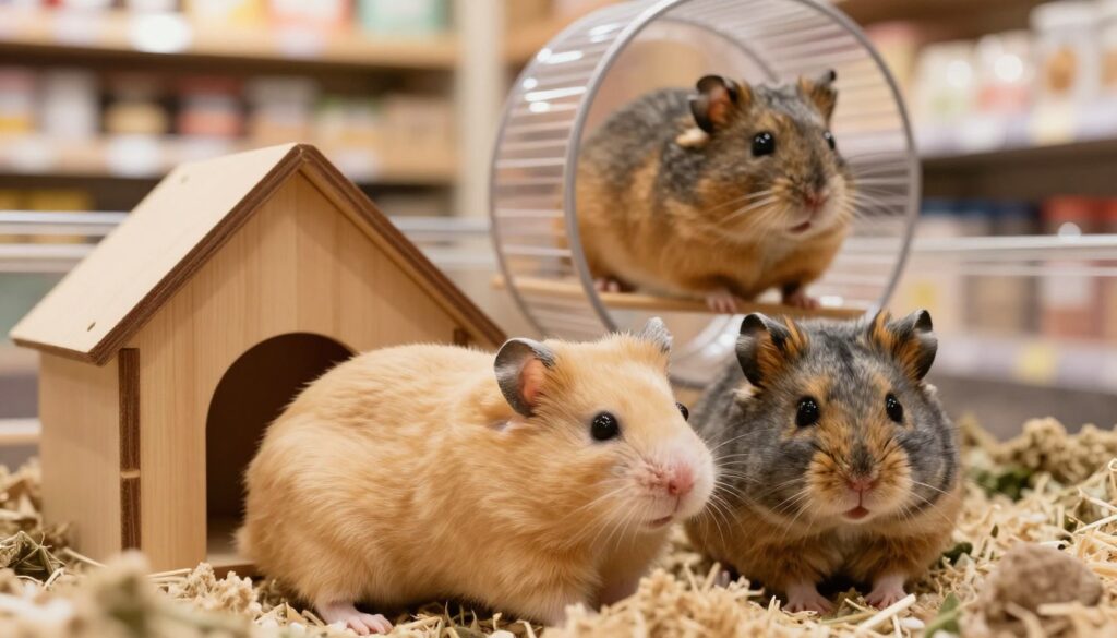 A close-up portrait of three less common types of hamsters in a cozy pet shop setting. In the foreground, feature a Roborovski hamster, small and agile, with a creamy yellow-brown coat, sitting on a small mound of soft bedding. Next to it, showcase a Campbell's dwarf hamster with a charming mix of gray and brown fur, curiously peeking out from a tiny wooden house. In the background, a Chinese hamster with elongated body and sleek fur is perched on an exercise wheel, displaying its quirky personality. Soft, warm lighting illuminates the scene, creating a welcoming and intimate atmosphere. Use a shallow depth of field to give focus to the hamsters while softly blurring the shelves of pet supplies behind. The image should evoke a sense of warmth and charm, perfect for animal lovers. A close-up portrait of three less common types of hamsters in a cozy pet shop setting. In the foreground, feature a Roborovski hamster, small and agile, with a creamy yellow-brown coat, sitting on a small mound of soft bedding. Next to it, showcase a Campbell's dwarf hamster with a charming mix of gray and brown fur, curiously peeking out from a tiny wooden house. In the background, a Chinese hamster with elongated body and sleek fur is perched on an exercise wheel, displaying its quirky personality. Soft, warm lighting illuminates the scene, creating a welcoming and intimate atmosphere. Use a shallow depth of field to give focus to the hamsters while softly blurring the shelves of pet supplies behind. The image should evoke a sense of warmth and charm, perfect for animal lovers.
