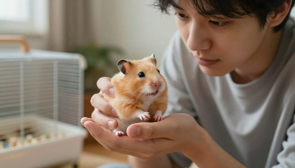 A close-up scene depicting a person gently holding a cute, fluffy hamster in their hands, focusing on the careful examination of its underside to determine its sex. The person, a young adult in a modest casual outfit, shows a look of concentration and care. In the background, a cozy room filled with soft natural light illuminates pet accessories like a small cage and bedding, creating a warm atmosphere. The hamster has distinctive markings, like a golden coat with white patches, adding to its cuteness. The camera angle is slightly tilted to enhance the intimate interaction between the person and the pet while maintaining a focus on the hamster as the main subject.
