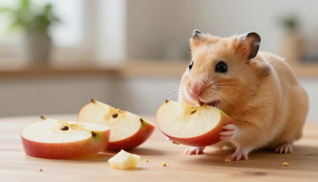 A close-up scene featuring a curious, fluffy golden hamster holding a slice of fresh red apple in its tiny paws, with a look of delight on its face. The foreground showcases the hamster set on a light wooden surface scattered with small bits of apple. In the middle, a few apple slices, both with and without seeds, are artistically arranged to highlight safe feeding practices. The background is softly blurred, showcasing a cozy, well-lit room filled with soft greenery, enhancing the warm, inviting atmosphere. Use soft, natural lighting to create a serene mood, and capture the scene from a slightly elevated angle to emphasize the hamster's interaction with the apple. A close-up scene featuring a curious, fluffy golden hamster holding a slice of fresh red apple in its tiny paws, with a look of delight on its face. The foreground showcases the hamster set on a light wooden surface scattered with small bits of apple. In the middle, a few apple slices, both with and without seeds, are artistically arranged to highlight safe feeding practices. The background is softly blurred, showcasing a cozy, well-lit room filled with soft greenery, enhancing the warm, inviting atmosphere. Use soft, natural lighting to create a serene mood, and capture the scene from a slightly elevated angle to emphasize the hamster's interaction with the apple.