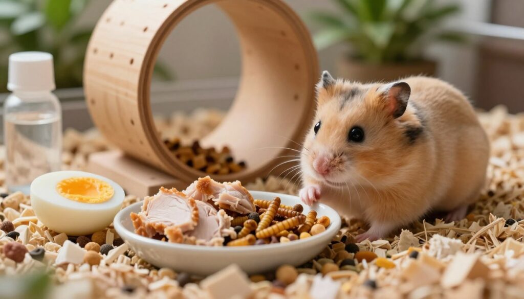 A close-up scene featuring a small, fluffy hamster sitting on a bed of soft bedding in its habitat. In the foreground, a colorful assortment of protein-rich foods is displayed: a small bowl holding a hard-boiled egg, pieces of cooked chicken, and dried mealworms. The hamster curiously investigates the foods, with its tiny paws reaching towards the bowl. In the middle ground, a wooden exercise wheel and a small water bottle hint at its active lifestyle. The background is softly blurred, showing hints of green plants to suggest a natural environment. The lighting is warm and inviting, creating a calm and nurturing atmosphere, emphasizing the importance of a balanced diet for hamsters. The angle captures the scene from a slightly elevated perspective, drawing the viewer's eye toward the delightful interaction between the hamster and its protein-rich treats.