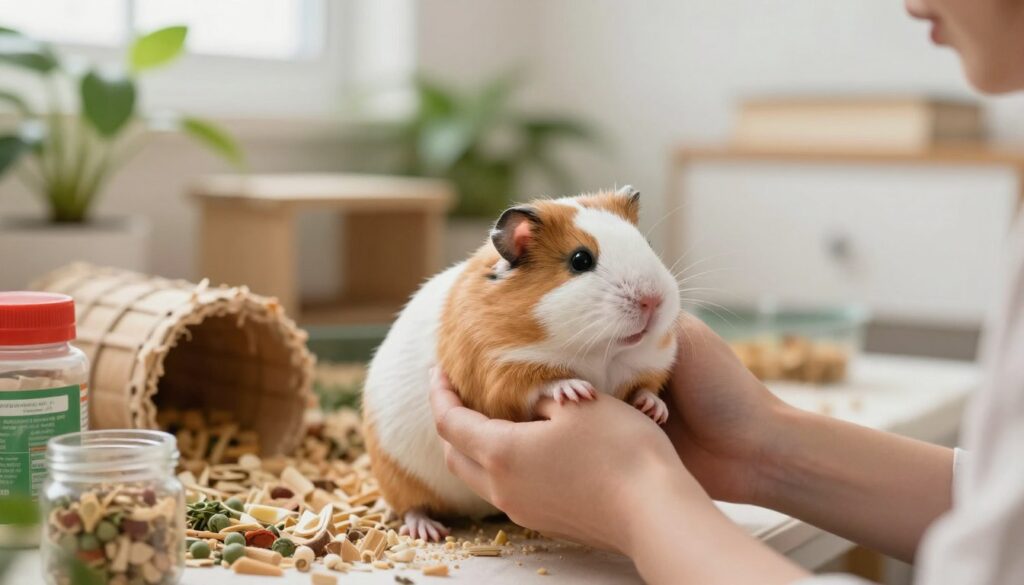 A close-up scene of a caring pet owner gently handling a pregnant Syrian hamster in a cozy, well-lit room filled with natural light. The foreground features the owner’s hand, tenderly supporting the hamster, showcasing its round belly and soft fur. The middle ground captures a richly decorated hamster habitat, complete with bedding, tunnels, and food supplies, emphasizing a nurturing environment. The background consists of soft-focus elements like a plant or a book, creating a serene and homey atmosphere. The lighting is warm and inviting, creating a peaceful mood that reflects the theme of safe care for a pregnant hamster. The angle is slightly above, focusing on the interaction between the owner and the hamster, highlighting the bond and responsibility of pet care. A close-up scene of a caring pet owner gently handling a pregnant Syrian hamster in a cozy, well-lit room filled with natural light. The foreground features the owner’s hand, tenderly supporting the hamster, showcasing its round belly and soft fur. The middle ground captures a richly decorated hamster habitat, complete with bedding, tunnels, and food supplies, emphasizing a nurturing environment. The background consists of soft-focus elements like a plant or a book, creating a serene and homey atmosphere. The lighting is warm and inviting, creating a peaceful mood that reflects the theme of safe care for a pregnant hamster. The angle is slightly above, focusing on the interaction between the owner and the hamster, highlighting the bond and responsibility of pet care.