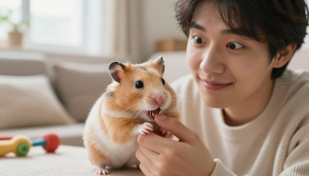 A close-up scene of a cute, fluffy hamster nibbling on its owner's finger, displaying a playful yet startled expression. The hamster is small and fuzzy, with warm brown and white fur, its tiny teeth visible as it playfully bites. The owner, a young adult in a cozy, casual sweater, watches with wide eyes and a gentle smile, conveying a sense of calm and understanding. The setting is a brightly lit living room, with soft natural light filtering through a window, creating a warm atmosphere. In the background, there are plush cushions and a few toys scattered around, emphasizing a safe, friendly environment for pet interaction. The overall mood is light-hearted and affectionate, illustrating the bond between pet and owner while highlighting the need for gentle habits.
