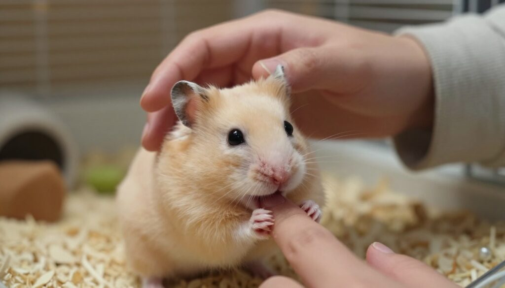 A close-up shot of a small, fluffy hamster in a soft, shaded light, displaying a surprised expression while gently nibbling on a human fingertip. The foreground features the hamster's soft fur and tiny paws, revealing intricate details of its whiskers and bright, inquisitive eyes. In the middle ground, a person's hand, clad in a light-colored, casual long-sleeve shirt, gently approaches the hamster, showcasing a calm demeanor. The background includes a cozy cage environment with soft bedding and toys, creating a warm atmosphere. The overall mood is one of curiosity and gentle interaction, emphasizing a safe space for the hamster while avoiding panic or punishment, depicted in a slightly blurred depth of field to focus on the hamster's moment of nibbling. A close-up shot of a small, fluffy hamster in a soft, shaded light, displaying a surprised expression while gently nibbling on a human fingertip. The foreground features the hamster's soft fur and tiny paws, revealing intricate details of its whiskers and bright, inquisitive eyes. In the middle ground, a person's hand, clad in a light-colored, casual long-sleeve shirt, gently approaches the hamster, showcasing a calm demeanor. The background includes a cozy cage environment with soft bedding and toys, creating a warm atmosphere. The overall mood is one of curiosity and gentle interaction, emphasizing a safe space for the hamster while avoiding panic or punishment, depicted in a slightly blurred depth of field to focus on the hamster's moment of nibbling.