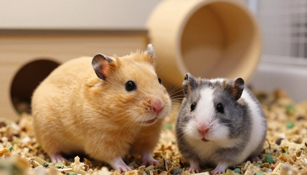A close-up view of a Syrian hamster and a Dwarf Campbell hamster placed side by side, showcasing their distinctive features. The Syrian hamster has golden, soft fur with a rounded face and larger body, while the Dwarf Campbell hamster is smaller, with a mix of gray and white fur and a more compact shape. In the background, a cozy habitat is designed with colorful bedding, tunnels, and a small wheel, softly lit by warm, natural light. The image captures a serene and affectionate atmosphere, suggesting a sense of trust and companionship between the two species. The focus is sharp on the hamsters, while the habitat remains slightly blurred to emphasize their connection.