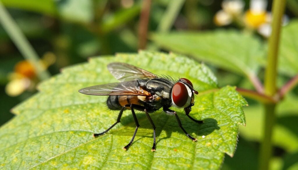A close-up view of a common fly (Musca domestica) perched delicately on a leaf. The foreground features intricate details of the fly's iridescent compound eyes and delicate wings, showcasing the fine hairs on its body. In the middle ground, the leaf is set against a vibrant, sunlit backdrop of lush greenery, representing a natural habitat rich in resources. The lighting is warm and inviting, casting gentle shadows that enhance the textures of the fly and the leaf. In the background, blurred hints of a garden with blooming flowers can be seen, evoking a sense of life and environmental factors that influence the fly's lifespan. The mood is serene and informative, highlighting the delicate balance of life and nature.