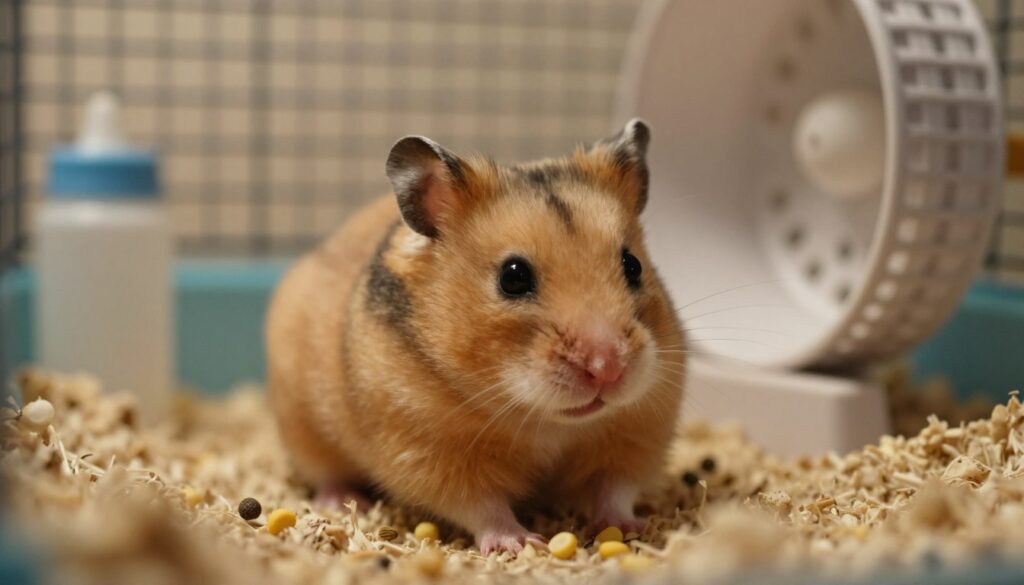 A close-up view of a concerned hamster in its cage, featuring its slightly droopy ears and a lethargic posture to signify health changes. The hamster is nestled in soft bedding, surrounded by a few scattered food pellets that remain untouched, indicating loss of appetite. In the background, a cozy habitat setting with gentle lighting creates a warm but melancholic atmosphere. The cage includes a small water bottle and a wheel, hinting at previous activity. Soft focus on the cage bars gives a sense of confinement, while a subtle shadow suggests the hindrance of health. The overall mood should evoke concern and warmth, encouraging the viewer to consider the signs of a hamster's declining health.