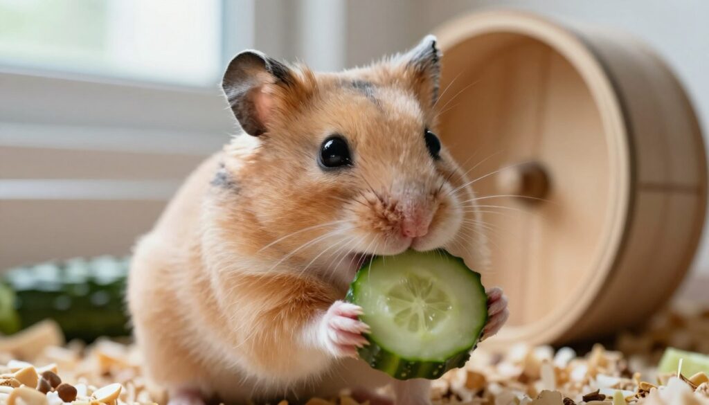 A close-up view of a curious, fluffy hamster nibbling on a fresh cucumber slice, showcasing the textures of the cucumber's skin and seeds. The hamster should have bright, sparkling eyes and soft fur, embodying a sense of curiosity and joy. In the background, a cozy hamster habitat is lightly blurred, showing soft bedding and a small wooden wheel to add context without distraction. Natural lighting pours in from a nearby window, creating a warm and inviting atmosphere. The focus is on the hamster and the cucumber, emphasizing the freshness and health benefits of the cucumber as part of the hamster’s diet. The image should evoke a sense of care and the importance of a balanced diet for small pets. A close-up view of a curious, fluffy hamster nibbling on a fresh cucumber slice, showcasing the textures of the cucumber's skin and seeds. The hamster should have bright, sparkling eyes and soft fur, embodying a sense of curiosity and joy. In the background, a cozy hamster habitat is lightly blurred, showing soft bedding and a small wooden wheel to add context without distraction. Natural lighting pours in from a nearby window, creating a warm and inviting atmosphere. The focus is on the hamster and the cucumber, emphasizing the freshness and health benefits of the cucumber as part of the hamster’s diet. The image should evoke a sense of care and the importance of a balanced diet for small pets.