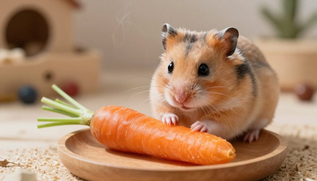 A close-up view of a cute, fluffy hamster inspecting two distinct carrot pieces placed on a small wooden dish. One piece is vibrant and raw, showcasing its bright orange color and fresh green tops, while the other is soft and steamed, with a slightly muted hue. The hamster, with its curious expression and tiny paws, is focused on the raw carrot, highlighting its preference. The background features a cozy hamster habitat with soft bedding and a few scattered chew toys, subtly blurred to emphasize the foreground subject. The warm, natural lighting casts gentle shadows, creating an inviting and lively atmosphere, inviting viewers to contemplate the dietary choices for hamsters. A close-up view of a cute, fluffy hamster inspecting two distinct carrot pieces placed on a small wooden dish. One piece is vibrant and raw, showcasing its bright orange color and fresh green tops, while the other is soft and steamed, with a slightly muted hue. The hamster, with its curious expression and tiny paws, is focused on the raw carrot, highlighting its preference. The background features a cozy hamster habitat with soft bedding and a few scattered chew toys, subtly blurred to emphasize the foreground subject. The warm, natural lighting casts gentle shadows, creating an inviting and lively atmosphere, inviting viewers to contemplate the dietary choices for hamsters.