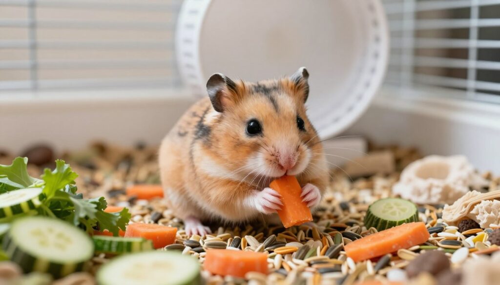 A close-up view of a delightful Dzungarian hamster in a well-arranged habitat, surrounded by a variety of colorful foods like seeds, fresh vegetables, and grains. The hamster is nibbling on a piece of carrot, showcasing its tiny paws and whiskers. In the background, a clean and cozy cage is visible with soft bedding and a small exercise wheel. The scene is illuminated by soft, natural light, creating a warm and inviting atmosphere. Use a shallow depth of field to highlight the hamster in sharp focus while softly blurring the background. The overall mood should convey health and vitality, emphasizing the importance of a balanced diet for these small pets. A close-up view of a delightful Dzungarian hamster in a well-arranged habitat, surrounded by a variety of colorful foods like seeds, fresh vegetables, and grains. The hamster is nibbling on a piece of carrot, showcasing its tiny paws and whiskers. In the background, a clean and cozy cage is visible with soft bedding and a small exercise wheel. The scene is illuminated by soft, natural light, creating a warm and inviting atmosphere. Use a shallow depth of field to highlight the hamster in sharp focus while softly blurring the background. The overall mood should convey health and vitality, emphasizing the importance of a balanced diet for these small pets.