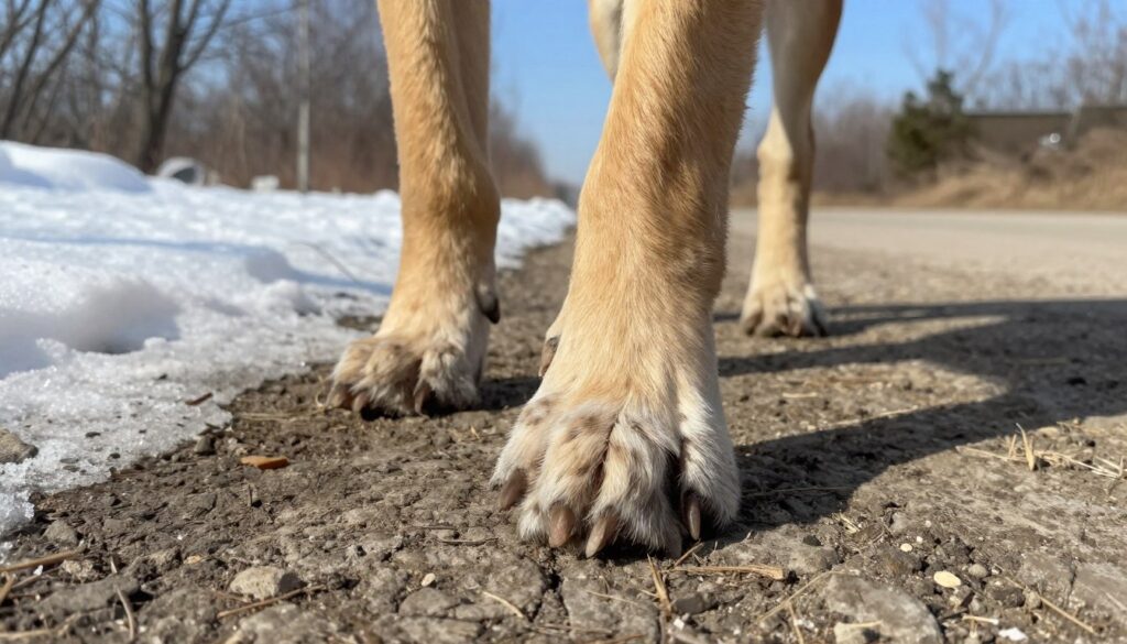 A close-up view of a dog's paws on a rugged outdoor surface, showcasing the inner and outer aspects of the paw pads. The foreground features the dog's paw with visible wear and slight cracks, symbolizing the struggles faced during winter and summer walks. In the middle ground, a hint of snow on one side transitions to a sun-drenched dirt path on the other, illustrating seasonal contrasts. In the background, soft-focus trees and a blue sky add a serene atmosphere while capturing the essence of nature. The lighting is soft yet vibrant, highlighting the textures of the paw and the environment. The composition conveys a sense of empathy and awareness towards canine care, especially concerning seasonal challenges. A close-up view of a dog's paws on a rugged outdoor surface, showcasing the inner and outer aspects of the paw pads. The foreground features the dog's paw with visible wear and slight cracks, symbolizing the struggles faced during winter and summer walks. In the middle ground, a hint of snow on one side transitions to a sun-drenched dirt path on the other, illustrating seasonal contrasts. In the background, soft-focus trees and a blue sky add a serene atmosphere while capturing the essence of nature. The lighting is soft yet vibrant, highlighting the textures of the paw and the environment. The composition conveys a sense of empathy and awareness towards canine care, especially concerning seasonal challenges.