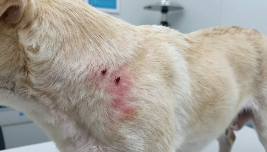 A close-up view of a dog's skin exhibiting symptoms of scabies, focusing on the characteristic red, inflamed patches and areas of hair loss. The dog's fur is light-colored to highlight the skin condition, and it appears to be scratching itself to indicate discomfort. In the background, softly blurred images of a veterinary clinic convey a clinical atmosphere. The lighting is soft and natural, enhancing the vivid details of the skin condition without harsh shadows. The angle is slightly above the dog to give a clear view of the affected areas. The mood is serious and educational, aimed at raising awareness about skin conditions in pets, with no people present to maintain focus on the dog's symptoms. A close-up view of a dog's skin exhibiting symptoms of scabies, focusing on the characteristic red, inflamed patches and areas of hair loss. The dog's fur is light-colored to highlight the skin condition, and it appears to be scratching itself to indicate discomfort. In the background, softly blurred images of a veterinary clinic convey a clinical atmosphere. The lighting is soft and natural, enhancing the vivid details of the skin condition without harsh shadows. The angle is slightly above the dog to give a clear view of the affected areas. The mood is serious and educational, aimed at raising awareness about skin conditions in pets, with no people present to maintain focus on the dog's symptoms.