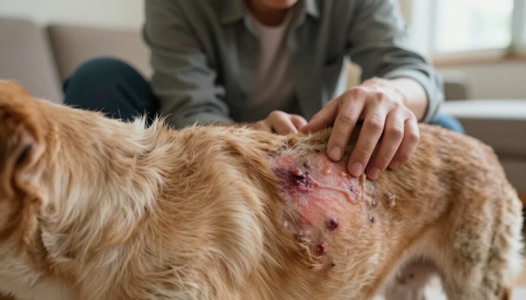 A close-up view of a dog's skin showing symptoms of mange, highlighting the specific skin lesions and irritation typical of the condition. The foreground features areas of inflamed skin with hair loss, red patches, and lesions. The dog's fur is visibly matted in places, suggesting discomfort and excessive scratching. In the middle ground, a concerned dog owner, dressed in casual clothing, is gently inspecting the dog's skin for the signs of mange. The background is softly blurred, depicting a warm living room setting, with natural light filtering through a window, casting soft shadows. The overall atmosphere conveys a sense of concern and care for the pet’s well-being, emphasizing the importance of recognizing these symptoms. A close-up view of a dog's skin showing symptoms of mange, highlighting the specific skin lesions and irritation typical of the condition. The foreground features areas of inflamed skin with hair loss, red patches, and lesions. The dog's fur is visibly matted in places, suggesting discomfort and excessive scratching. In the middle ground, a concerned dog owner, dressed in casual clothing, is gently inspecting the dog's skin for the signs of mange. The background is softly blurred, depicting a warm living room setting, with natural light filtering through a window, casting soft shadows. The overall atmosphere conveys a sense of concern and care for the pet’s well-being, emphasizing the importance of recognizing these symptoms.