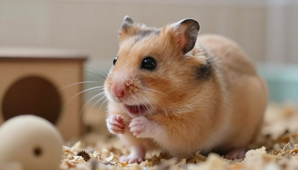 A close-up view of a hamster exhibiting warning signals before biting, showcasing its expressive facial features and body language. In the foreground, the hamster’s tiny paws are raised slightly, and its fur is fluffed, conveying tension. The middle ground includes a small, cozy habitat with soft bedding and a few chew toys, creating a safe environment. The background is softly blurred to emphasize the hamster, with warm, diffused lighting to evoke a calm yet alert atmosphere. An angle capturing the hamster’s side profile allows for a clear view of its eyes and ears, indicating its heightened awareness. The overall mood is one of caution and curiosity, reflecting the pet’s instinctive behavior. A close-up view of a hamster exhibiting warning signals before biting, showcasing its expressive facial features and body language. In the foreground, the hamster’s tiny paws are raised slightly, and its fur is fluffed, conveying tension. The middle ground includes a small, cozy habitat with soft bedding and a few chew toys, creating a safe environment. The background is softly blurred to emphasize the hamster, with warm, diffused lighting to evoke a calm yet alert atmosphere. An angle capturing the hamster’s side profile allows for a clear view of its eyes and ears, indicating its heightened awareness. The overall mood is one of caution and curiosity, reflecting the pet’s instinctive behavior.