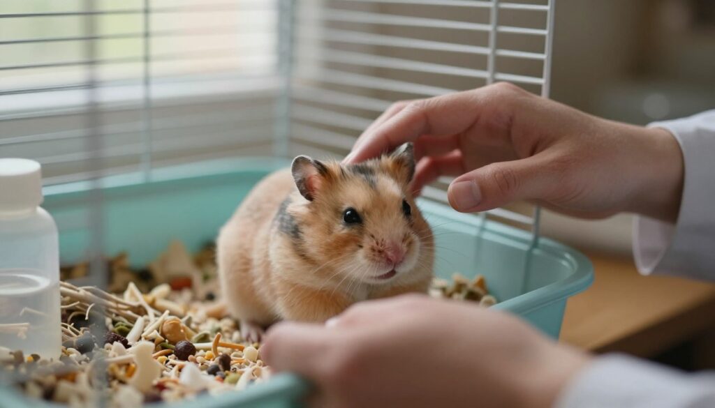 A close-up view of a hamster in a small cage, showcasing signs of distress and potential decline, like a slightly tilted head and closed eyes. The hamster’s bedding appears disheveled, emphasizing the concern for its health. In the foreground, a delicate hand gently reaches towards the cage, with concern in the expression, wearing neutral and professional clothing, carefully assessing the situation. The middle ground focuses on the hamster in its habitat, surrounded by scattered food and a small water bottle. The background features soft, warm natural light filtering in through a nearby window, creating a somber yet hopeful atmosphere, suggesting a sense of care and attention. The overall mood conveys a delicate balance between concern and the possibility of life.