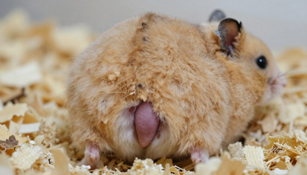 A close-up view of a hamster's underside, focusing on its genital area and anal region for educational clarity. The image should feature a well-groomed, healthy hamster sitting on a soft, natural substrate like wood shavings or bedding. Emphasize the anatomical features under natural, diffused lighting to create a warm and informative atmosphere. Use a macro lens effect to capture fine details, ensuring clarity around the area in question. The background should be softly blurred to keep the attention on the hamster, with the focus solely on the animal in a naturalistic setting. No text or promotional elements should be present, ensuring it's suitable for educational purposes.