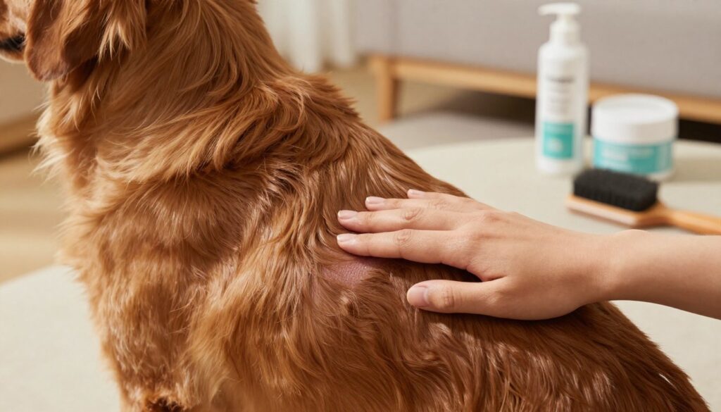 A close-up view of a healthy dog's skin, showcasing a shiny, well-groomed coat. The dog's fur is medium-length and has a vibrant color, with visible skin texture beneath. In the foreground, a hand gently pats the dog's back, illustrating the concept of daily skin care. The background features a cozy living room setting with soft natural lighting emphasizing a warm and inviting atmosphere. A dog grooming brush and small containers of dog-friendly skin products are artistically placed nearby, hinting at regular care routines. The overall mood is calm and nurturing, creating a sense of comfort and care for pet well-being. The scene is captured from a slight angle to add depth, focusing on the interaction between the owner and their pet without any distractions in the composition. A close-up view of a healthy dog's skin, showcasing a shiny, well-groomed coat. The dog's fur is medium-length and has a vibrant color, with visible skin texture beneath. In the foreground, a hand gently pats the dog's back, illustrating the concept of daily skin care. The background features a cozy living room setting with soft natural lighting emphasizing a warm and inviting atmosphere. A dog grooming brush and small containers of dog-friendly skin products are artistically placed nearby, hinting at regular care routines. The overall mood is calm and nurturing, creating a sense of comfort and care for pet well-being. The scene is captured from a slight angle to add depth, focusing on the interaction between the owner and their pet without any distractions in the composition.