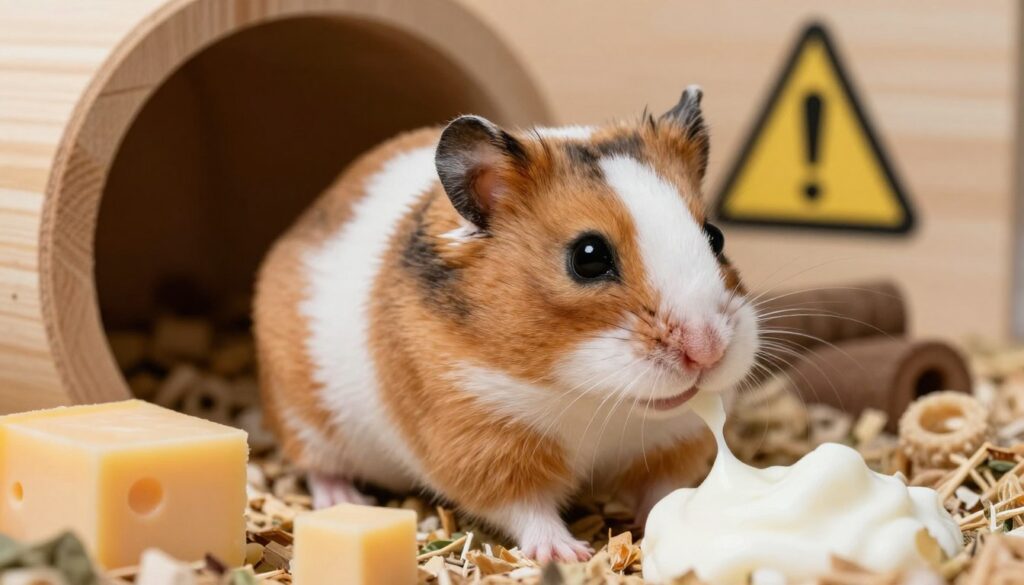 A close-up view of a healthy hamster sitting on soft bedding material in a cozy habitat. The hamster has a rich brown and white fur pattern, with bright eyes reflecting curiosity. Surrounding the hamster are pieces of various dairy products, like small cubes of cheese and a drop of yogurt, presented with a warning symbol subtly illustrated in the background to represent risk. The habitat features wooden tunnels and chew toys, creating a warm and inviting atmosphere. Soft, natural lighting illuminates the scene, creating gentle shadows to enhance the fur texture. The image is framed at a slight angle, emphasizing the hamster's expressive face while ensuring the background remains subtly blurred, drawing focus to the subject. The mood is informative and cautionary, highlighting the potential health concerns associated with dairy in a hamster's diet. A close-up view of a healthy hamster sitting on soft bedding material in a cozy habitat. The hamster has a rich brown and white fur pattern, with bright eyes reflecting curiosity. Surrounding the hamster are pieces of various dairy products, like small cubes of cheese and a drop of yogurt, presented with a warning symbol subtly illustrated in the background to represent risk. The habitat features wooden tunnels and chew toys, creating a warm and inviting atmosphere. Soft, natural lighting illuminates the scene, creating gentle shadows to enhance the fur texture. The image is framed at a slight angle, emphasizing the hamster's expressive face while ensuring the background remains subtly blurred, drawing focus to the subject. The mood is informative and cautionary, highlighting the potential health concerns associated with dairy in a hamster's diet.
