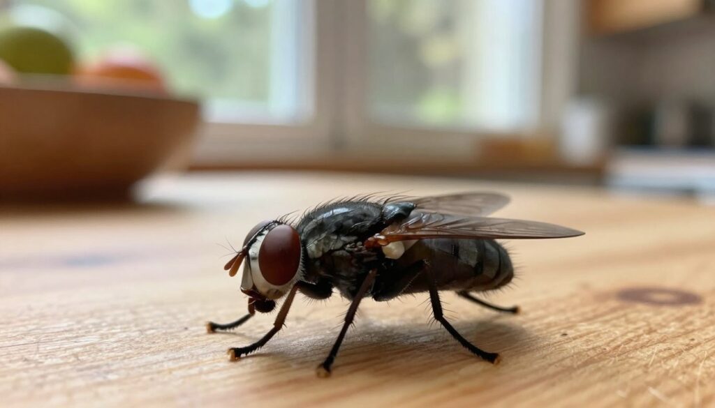 A close-up view of a housefly (Musca domestica) resting on a wooden surface, showcasing its delicate, iridescent wings and distinct markings. The foreground features intricate details of the fly's anatomy, emphasizing its compound eyes and bristly body with a slightly blurred background of a domestic kitchen environment, including a fruit bowl and a window with soft, natural light pouring in. The scene is warm and inviting, evoking a typical home setting in Poland, highlighting the life cycle and habitat of the housefly. The lighting should create a soft, diffused effect, giving the image a serene and informative atmosphere. No text or additional elements are present, keeping the focus solely on the housefly.