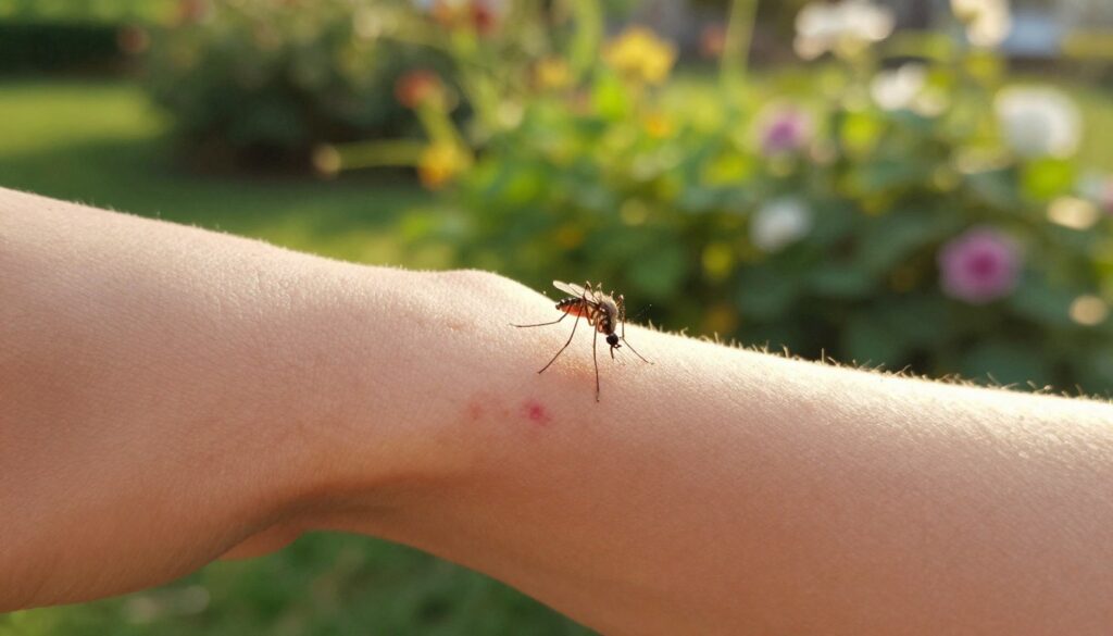 A close-up view of a human arm exposed in an outdoor setting, showcasing a mosquito hovering near the skin. The arm is lightly tanned and appears relaxed, with a few red spots indicating previous bites. In the background, a blurred garden with vibrant green foliage and blooming flowers creates a natural atmosphere. Soft golden hour lighting casts a warm glow, enhancing the details of the skin and the delicate wings of the mosquito. A gentle bokeh effect adds depth, emphasizing the relationship between humans and mosquitoes. The mood is tranquil but slightly tense, illustrating the intriguing dynamics of attraction between mosquitoes and people. A close-up view of a human arm exposed in an outdoor setting, showcasing a mosquito hovering near the skin. The arm is lightly tanned and appears relaxed, with a few red spots indicating previous bites. In the background, a blurred garden with vibrant green foliage and blooming flowers creates a natural atmosphere. Soft golden hour lighting casts a warm glow, enhancing the details of the skin and the delicate wings of the mosquito. A gentle bokeh effect adds depth, emphasizing the relationship between humans and mosquitoes. The mood is tranquil but slightly tense, illustrating the intriguing dynamics of attraction between mosquitoes and people.