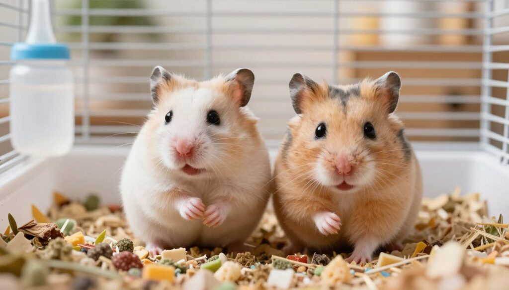 A close-up view of a male and female hamster side by side, showcasing their different physical characteristics. The male hamster has a slightly larger body and more prominent scent glands, while the female has a sleeker appearance, highlighting their unique features. In the foreground, a clean, well-maintained hamster cage with fresh bedding, a water bottle, and healthy food is visible. The background should show a cozy living environment with soft lighting that conveys a warm, inviting atmosphere. Capture the hamsters engaging in playful behavior, emphasizing their grooming habits to reflect cleanliness and hygiene. The composition should be bright and vibrant, using a shallow depth of field to keep the focus on the hamsters while softly blurring their surroundings.