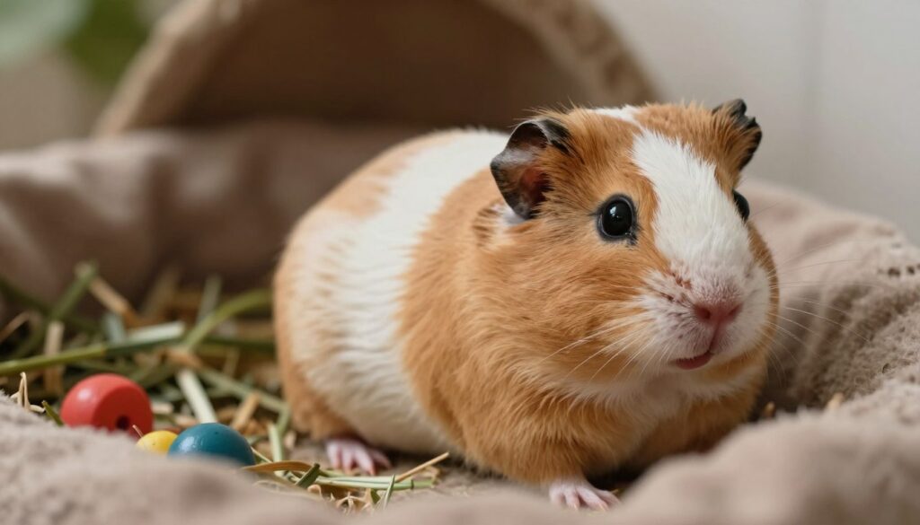 A close-up view of a pregnant Dzungarian hamster in a cozy, natural setting, nestled amongst soft bedding in a cozy habitat. The foreground features the hamster, showcasing its rounded belly and soft, fluffy fur in warm, muted tones of brown and cream. In the middle ground, include a small pile of fresh bedding and colorful toys, hinting at preparation for the newborns. The background should present a serene environment with gentle lighting, casting soft shadows and creating a calm, nurturing atmosphere. The lens should capture the details of the hamster’s expressive eyes and tiny claws, emphasizing the beauty and care of a new life. The overall mood is tender and peaceful, ideal for illustrating the journey of pregnancy in a Dzungarian hamster. A close-up view of a pregnant Dzungarian hamster in a cozy, natural setting, nestled amongst soft bedding in a cozy habitat. The foreground features the hamster, showcasing its rounded belly and soft, fluffy fur in warm, muted tones of brown and cream. In the middle ground, include a small pile of fresh bedding and colorful toys, hinting at preparation for the newborns. The background should present a serene environment with gentle lighting, casting soft shadows and creating a calm, nurturing atmosphere. The lens should capture the details of the hamster’s expressive eyes and tiny claws, emphasizing the beauty and care of a new life. The overall mood is tender and peaceful, ideal for illustrating the journey of pregnancy in a Dzungarian hamster.
