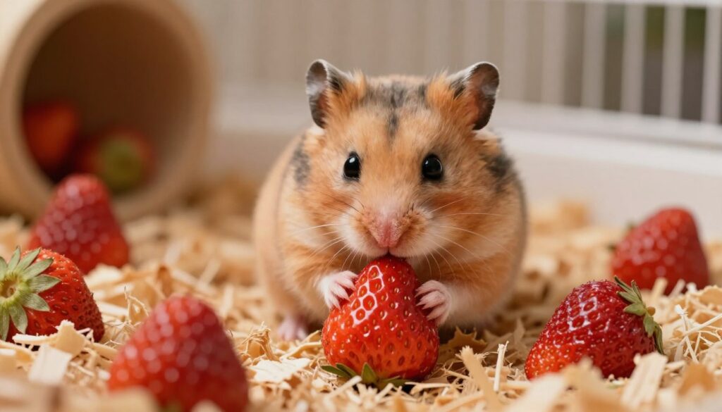 A close-up view of a small, adorable hamster sitting in its cozy cage, surrounded by fresh strawberries, dried strawberries, and freeze-dried strawberries on a soft bedding of natural wood shavings. The hamster is curiously sniffing a whole fresh strawberry, showcasing its tiny paws and whiskers. Soft, warm lighting creates a gentle, inviting atmosphere, highlighting the vibrant red of the strawberries against the earthy tones of the cage. The background is slightly blurred to focus on the hamster and the strawberries, giving a depth-of-field effect, as if captured with a macro lens. The scene conveys a sense of playfulness and health, perfect for illustrating the variety of strawberries for pet hamsters. A close-up view of a small, adorable hamster sitting in its cozy cage, surrounded by fresh strawberries, dried strawberries, and freeze-dried strawberries on a soft bedding of natural wood shavings. The hamster is curiously sniffing a whole fresh strawberry, showcasing its tiny paws and whiskers. Soft, warm lighting creates a gentle, inviting atmosphere, highlighting the vibrant red of the strawberries against the earthy tones of the cage. The background is slightly blurred to focus on the hamster and the strawberries, giving a depth-of-field effect, as if captured with a macro lens. The scene conveys a sense of playfulness and health, perfect for illustrating the variety of strawberries for pet hamsters.