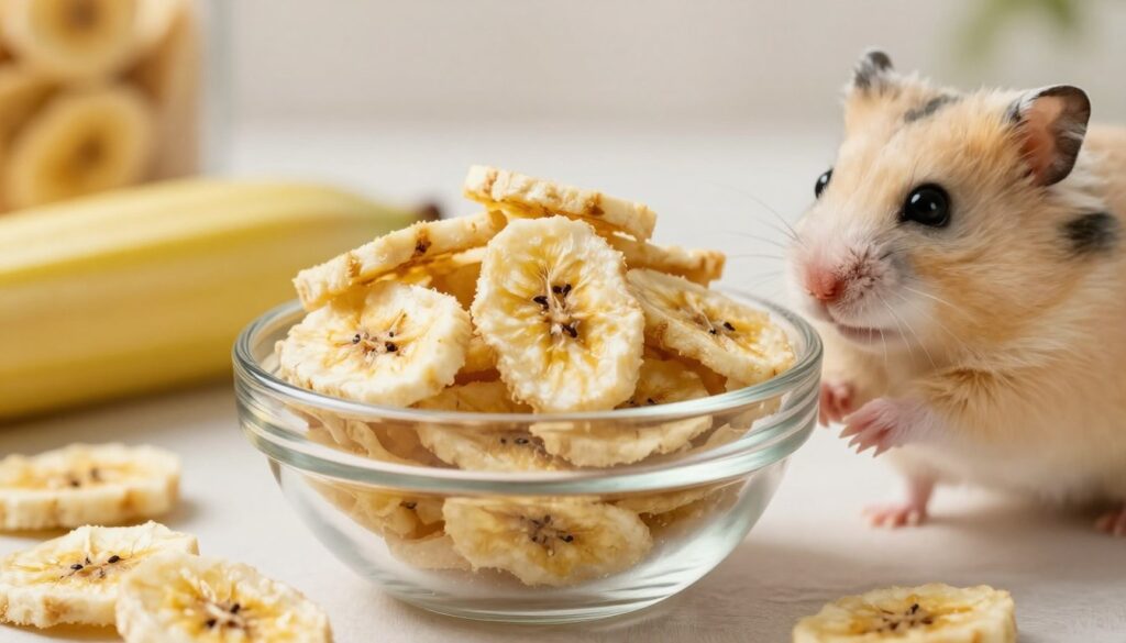 A close-up view of a small, clear bowl filled with neatly arranged dried banana chips, showcasing their rich golden-brown color and slightly wrinkled texture. Surrounding the bowl are natural elements like fresh banana slices and a playful hamster curiously reaching towards the bowl, its fur fluffy and soft, adding a sense of liveliness to the scene. The background features a softly blurred, cozy indoor setting with gentle lighting, highlighting the warmth and inviting atmosphere of the space. The composition is captured with a macro lens to emphasize the details of both the banana chips and the hamster, creating an engaging and informative visual related to dietary considerations for hamsters. A close-up view of a small, clear bowl filled with neatly arranged dried banana chips, showcasing their rich golden-brown color and slightly wrinkled texture. Surrounding the bowl are natural elements like fresh banana slices and a playful hamster curiously reaching towards the bowl, its fur fluffy and soft, adding a sense of liveliness to the scene. The background features a softly blurred, cozy indoor setting with gentle lighting, highlighting the warmth and inviting atmosphere of the space. The composition is captured with a macro lens to emphasize the details of both the banana chips and the hamster, creating an engaging and informative visual related to dietary considerations for hamsters.