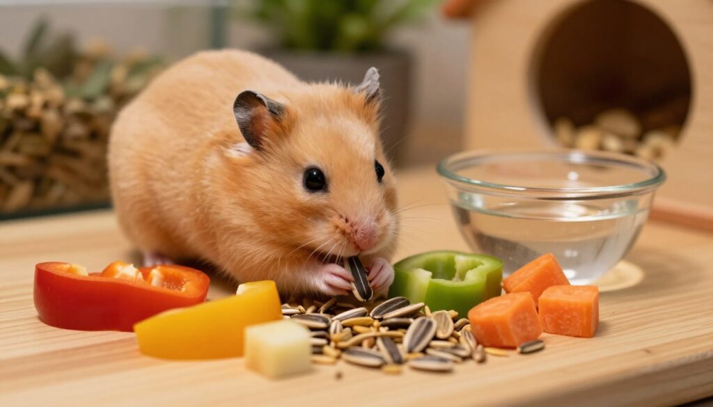 A close-up view of a small, fluffy Syrian hamster enjoying a carefully arranged portion of seeds, diced vegetables, and small soft fruits on a clean, wooden surface. In the foreground, the hamster is nibbling on a sunflower seed, with its tiny paws delicately holding the food. In the middle, vibrant colored bell pepper and carrot pieces are neatly scattered around, while a small bowl filled with fresh water glistens under warm, soft lighting. In the background, subtle hints of greenery and a cozy habitat setting provide context without distracting from the hamster's meal. The atmosphere is warm and inviting, evoking a sense of care and attention to pet nutrition. The angle is slightly above the hamster, capturing its cuteness and the colorful food layout.