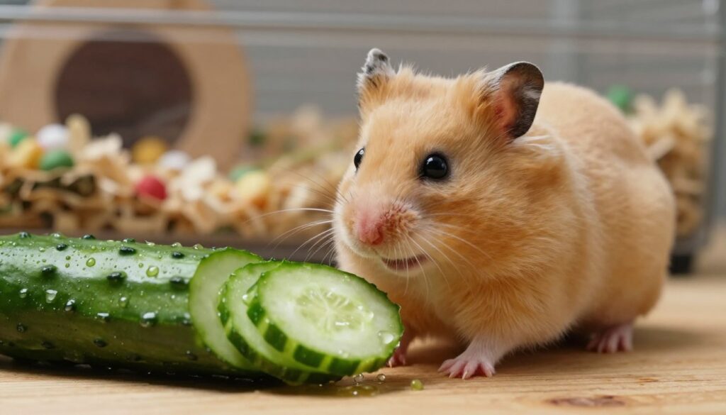 A close-up view of a small, fluffy golden hamster sitting on a natural wooden surface, curiously reaching for a slice of fresh cucumber. The cucumber is sliced thinly to showcase its vibrant green color, with dewdrops glistening on the surface to emphasize freshness. In the background, a cozy cage filled with soft bedding and scattered small toys gives a warm and inviting atmosphere. Soft, diffused lighting highlights the hamster's texture and expressions, creating a gentle and nurturing vibe. The scene captures a moment of interaction between the pet and its vegetable treat, illustrating proper food presentation for hamsters while avoiding digestive issues. A close-up view of a small, fluffy golden hamster sitting on a natural wooden surface, curiously reaching for a slice of fresh cucumber. The cucumber is sliced thinly to showcase its vibrant green color, with dewdrops glistening on the surface to emphasize freshness. In the background, a cozy cage filled with soft bedding and scattered small toys gives a warm and inviting atmosphere. Soft, diffused lighting highlights the hamster's texture and expressions, creating a gentle and nurturing vibe. The scene captures a moment of interaction between the pet and its vegetable treat, illustrating proper food presentation for hamsters while avoiding digestive issues.
