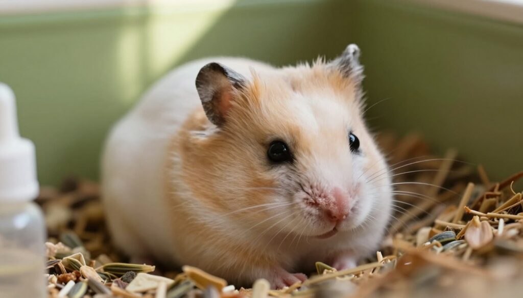 A close-up view of a small, fluffy hamster nestled in its cozy bedding, displaying signs of torpor. The hamster's eyes are partially closed, its fur slightly ruffled, creating a serene and peaceful atmosphere. The background features a softly lit, natural habitat setting with subtle hues of green and brown, emphasizing warmth and tranquility. Gentle rays of light filter through, casting soft shadows that enhance the hamster's form. In the foreground, small signs of care items like a water bottle and a few seeds are discreetly visible, indicating attention to its well-being. The overall mood is calm and informative, capturing the essence of recognizing torpor while distinguishing it from illness or death. A close-up view of a small, fluffy hamster nestled in its cozy bedding, displaying signs of torpor. The hamster's eyes are partially closed, its fur slightly ruffled, creating a serene and peaceful atmosphere. The background features a softly lit, natural habitat setting with subtle hues of green and brown, emphasizing warmth and tranquility. Gentle rays of light filter through, casting soft shadows that enhance the hamster's form. In the foreground, small signs of care items like a water bottle and a few seeds are discreetly visible, indicating attention to its well-being. The overall mood is calm and informative, capturing the essence of recognizing torpor while distinguishing it from illness or death.