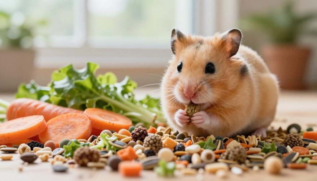 A close-up view of a variety of hamster food items beautifully arranged in a natural setting. In the foreground, an assortment of colorful, nutritious hamster pellets and seeds, mixed with fresh vegetables like sliced carrots and leafy greens, showcases a wholesome diet. The middle ground features a small, adorable golden hamster nibbling on a piece of food, highlighting its cute features with bright, curious eyes. In the background, soft, diffused natural light filters through a window, creating a warm and inviting atmosphere filled with hints of greenery from houseplants. The overall mood is cheerful and lively, reflecting the joy of caring for a pet. The focus is sharp on the hamster and food, with a gentle bokeh effect in the background.