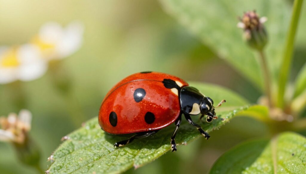 A close-up view of a vibrant red ladybug perched delicately on a green leaf, showcasing its distinct black spots. In the foreground, the ladybug is sharply in focus, with minute details like the texture of its shell and the reflections of sunlight on its surface. In the middle ground, soft-focus plants and flowers create a lush habitat, hinting at the insects' natural environment. The background features blurred greenery with dappled light filtering through, suggesting a warm and inviting atmosphere. Capture the essence of a sunny day, emphasizing the themes of survival and habitat. The mood is serene and optimistic, illustrating the resilience of ladybugs throughout their life cycle.