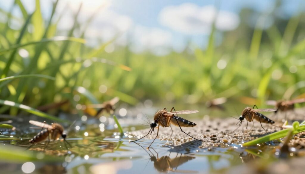A close-up view of a vibrant, sunlit habitat illustrating the concept of temperature's impact on mosquito life. In the foreground, a small body of shimmering water reflects sunlight, around which several mosquitoes are delicately perched, showcasing their slim bodies and iridescent wings. In the middle ground, lush green vegetation sways gently, suggesting a warm environment, with hints of heatwaves distorting the air above. The background features a soft-focus, blurred depiction of a sunny sky with fluffy clouds, enhancing the atmosphere of warmth and humidity. The lighting is bright and natural, casting soft shadows that create depth and intrigue. The overall mood of the image is lively and vibrant, inviting viewers to contemplate the delicate balance of nature and how temperature affects mosquito life.