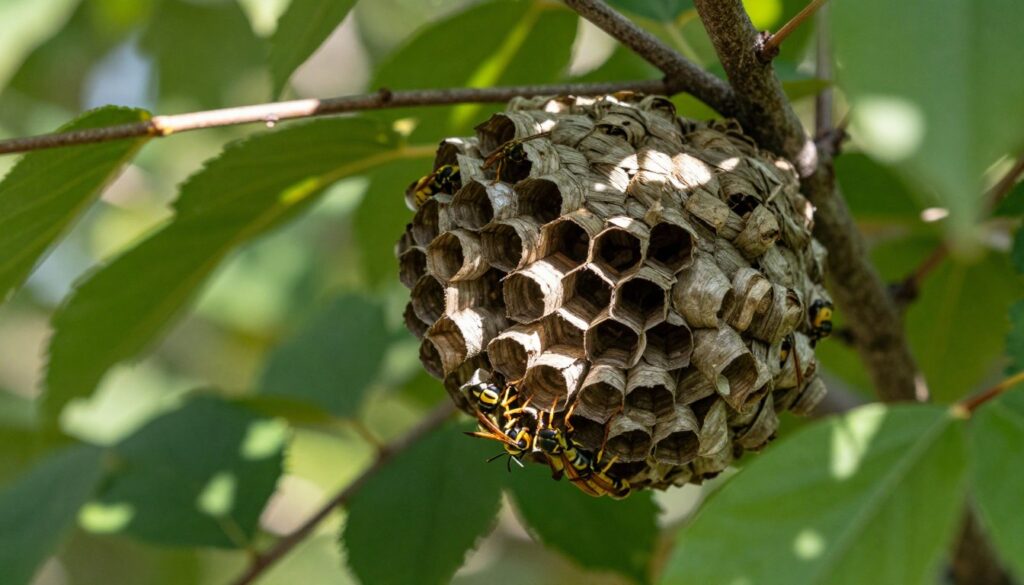 A close-up view of a wasp nest nestled in the corner of a dense forest, showcasing the unique papery texture and intricate layers of the nest. In the foreground, focus on the entrance hole where wasps are visibly entering and exiting, adding a sense of activity. The middle ground features lush green foliage and branches, partially obscuring the nest, creating a natural camouflage. In the background, hint at soft sunlight filtering through the leaves, casting dappled shadows, and adding warmth to the scene. Capture the mood of late summer, evoking a sense of curiosity and caution as the viewer learns about these fascinating insect structures. The image should be sharp and clear, with a realistic depth of field that highlights the nest as the focal point.
