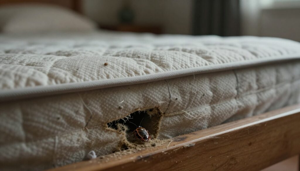 A close-up view of a well-worn bed frame and the seams of a mattress, highlighting hiding spots for bedbugs, showcasing their preferred dark, narrow spaces. In the foreground, a small, realistic bedbug can be seen camouflaged among dust and tiny fibers. The middle ground features a partially open mattress with visible creases, revealing potential hideouts. The background includes dimly lit corners of a bedroom, with shadows creating a moody atmosphere that suggests secrecy and lurking pests. Soft, ambient lighting enhances the details without being harsh, while a slight depth of field focuses on the bedbug and its surroundings, evoking a sense of urgency and concern for pest control. A close-up view of a well-worn bed frame and the seams of a mattress, highlighting hiding spots for bedbugs, showcasing their preferred dark, narrow spaces. In the foreground, a small, realistic bedbug can be seen camouflaged among dust and tiny fibers. The middle ground features a partially open mattress with visible creases, revealing potential hideouts. The background includes dimly lit corners of a bedroom, with shadows creating a moody atmosphere that suggests secrecy and lurking pests. Soft, ambient lighting enhances the details without being harsh, while a slight depth of field focuses on the bedbug and its surroundings, evoking a sense of urgency and concern for pest control.