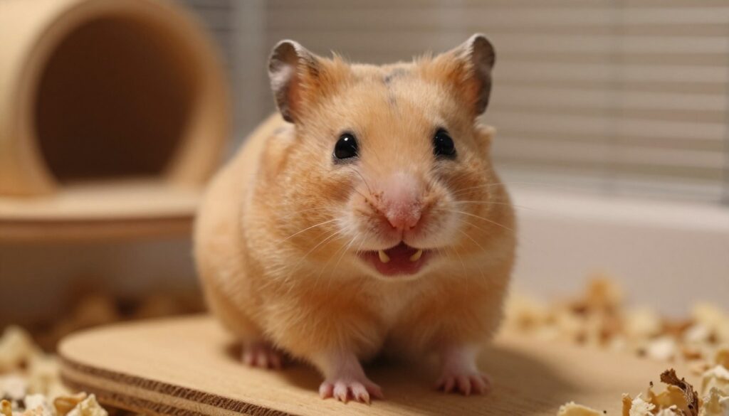 A close-up view of a worried hamster sitting on a small wooden platform inside its cage, showcasing its teeth and facial expressions that indicate dental discomfort. In the foreground, the hamster's small, keen eyes are wide open, and it appears to be examining its surroundings with concern. In the middle, focus on the hamster's teeth, highlighting their overgrowth or misalignment, surrounded by scattered bedding material to reflect its habitat. In the background, soft, warm lighting creates a cozy atmosphere, with gentle shadows emphasizing the hamster's fur texture. The lens should capture the scene from a slightly elevated angle, enhancing the emotional connection about dental health issues. The setting conveys a sense of care and attentiveness for the pet's well-being.