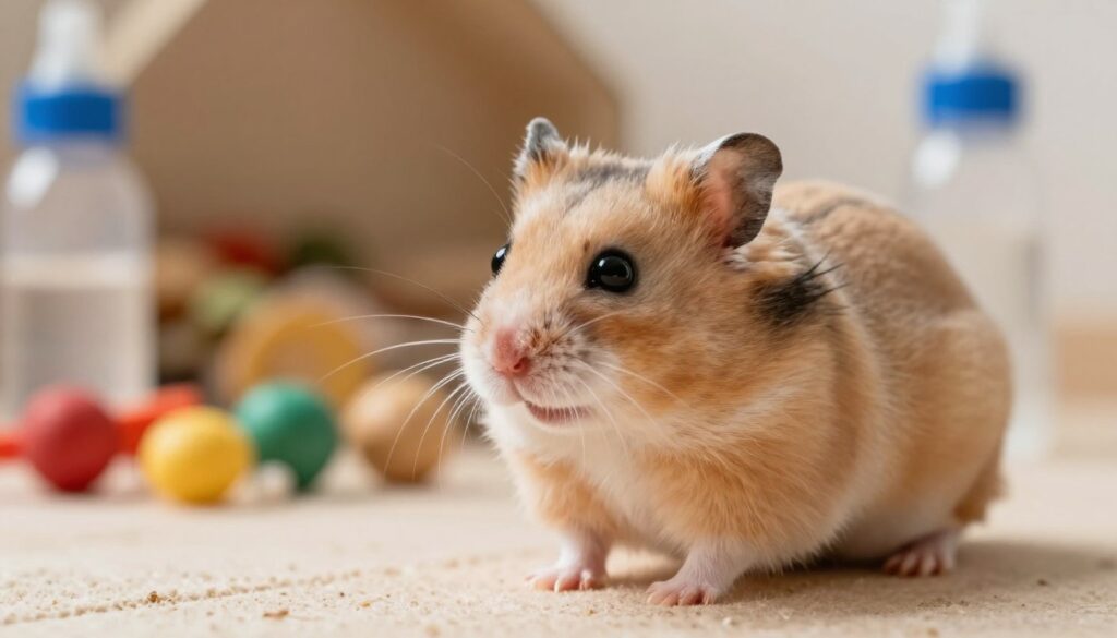A close-up view of a young hamster in a cozy, well-lit environment, illustrating the differences in gender characteristics. In the foreground, focus on the hamster, showcasing its features such as a rounded or elongated body and the shape of its genital area. Use soft, natural lighting to emphasize the animal's fur texture, with a slight depth of field to blur the background gently. In the middle ground, include a soft, colorful bedding area to create a warm atmosphere. The background can feature a few toys and a small water bottle to give it a natural habitat feel. The overall mood should be informative yet friendly, perfect for guiding readers on identifying genders in hamsters at different ages.