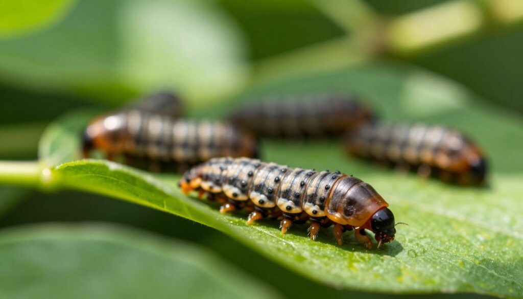 A close-up view of ladybug larvae (jaja larwy) nestled among green leaves, showcasing their unique elongated, segmented bodies with alternating dark and light bands, almost resembling miniature alligators. In the foreground, focus on a larva, highlighting its intricate texture and subtle movements as it crawls. The middle ground features additional larvae and a soft blur of lush foliage, creating a natural habitat. The background should have dappled sunlight filtering through, casting gentle shadows and illuminating the vibrant greens. The atmosphere should feel serene and lively, evoking a sense of growth and transformation in nature. Use soft, natural lighting to enhance the colors and details of the scene, with a shallow depth of field to emphasize the larvae.