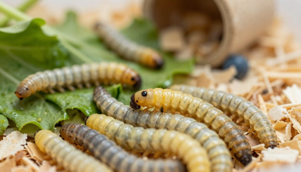 A close-up view of several mealworm larvae, showcasing their distinct elongated bodies and segmented appearance. The foreground features a handful of plump, pale yellow-brown larvae, glistening slightly as if dew-kissed. In the middle ground, a few larvae are shown crawling over fresh greens, symbolizing their connection to natural feeding habits. The background presents a soft focus of a cozy hamster habitat, including wood shavings and little chew toys, creating a warm, inviting atmosphere. The lighting is soft and natural, mimicking daylight to enhance the texture and detail of the larvae. The overall mood is calm and educational, emphasizing the natural food sources for hamsters, capturing the viewer’s interest in these nutritious treats.