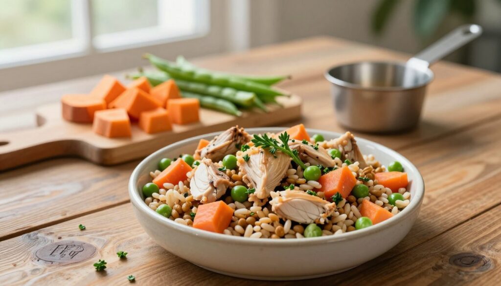 A colorful and appetizing dog meal set on a rustic wooden table. In the foreground, a ceramic bowl filled with a nutritious and balanced mix of cooked chicken, brown rice, and vibrant vegetables like carrots and peas, garnished with fresh herbs for visual appeal. In the middle ground, a small cutting board with neatly arranged ingredients like diced sweet potatoes and green beans, and a measuring cup to suggest careful proportions. The background features soft natural light filtering through a window, illuminating the scene, creating a warm and inviting atmosphere. The focus is sharp on the meal, evoking a sense of health and care in pet feeding. The overall mood is wholesome and caring, perfect for emphasizing the importance of safe and complete meals for dogs.