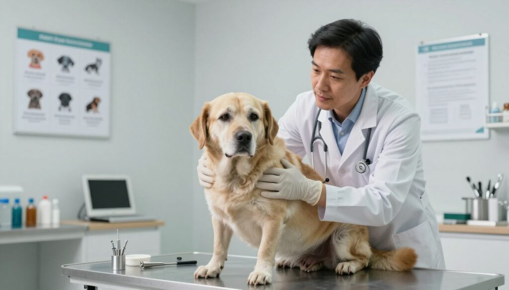 A compassionate veterinarian in a modern clinic, gently examining a large, elderly dog on an examination table. The vet has a thoughtful expression, wearing a white lab coat, and gloves, embodying professionalism and empathy. The dog looks calm, with one paw raised slightly, revealing its trusting nature. In the background, various veterinary tools and soft lighting create a serene atmosphere, emphasizing the importance of a careful decision-making process. A wall poster shows signs of pet distress, suggesting situations where euthanasia might not be appropriate. The image captures an emotional yet hopeful mood, focusing on the bond between the veterinarian and the pet, while highlighting the conscientious choices in pet care and end-of-life discussions.