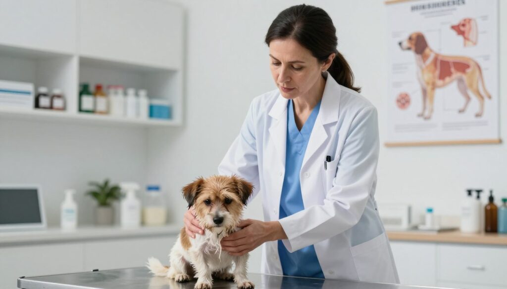 A compassionate veterinarian standing in a well-lit clinic, focused intently on a small dog that appears anxious. In the foreground, the veterinarian, a middle-aged woman dressed in a crisp white coat and blue scrubs, gently examines the dog, which is sitting on an examination table. The dog's fur is wet, hinting at distress. The background features a clean, organized clinic with shelves of medical supplies and a poster on the wall showing dog anatomy. Soft, ambient lighting creates a calm atmosphere, emphasizing the veterinarian's professionalism and care. The camera angle is slightly elevated, offering a clear view of both the vet’s thoughtful expression and the dog's discomfort, evoking a sense of urgency and empathy in this critical moment.