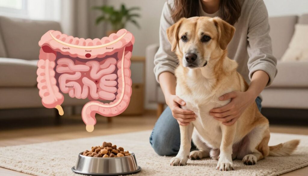 A concerned dog owner gently examines their dog's belly, sitting on a cozy, well-lit living room floor. The dog, a medium-sized breed with a soft coat and expressive eyes, displays signs of discomfort. In the foreground, a bowl of easily digestible food sits nearby, emphasizing the theme of dietary changes aiding gut health. In the middle, a visually appealing diagram of the dog's gastrointestinal tract is subtly integrated, showcasing the balance of good and bad bacteria, representing dysbiosis. Soft, warm lighting creates an inviting atmosphere, evoking empathy and reassurance. The background features a shelf with pet care books and a plant, enhancing the homey feel. The overall mood is one of care and attention, highlighting the importance of gut health for dogs. A concerned dog owner gently examines their dog's belly, sitting on a cozy, well-lit living room floor. The dog, a medium-sized breed with a soft coat and expressive eyes, displays signs of discomfort. In the foreground, a bowl of easily digestible food sits nearby, emphasizing the theme of dietary changes aiding gut health. In the middle, a visually appealing diagram of the dog's gastrointestinal tract is subtly integrated, showcasing the balance of good and bad bacteria, representing dysbiosis. Soft, warm lighting creates an inviting atmosphere, evoking empathy and reassurance. The background features a shelf with pet care books and a plant, enhancing the homey feel. The overall mood is one of care and attention, highlighting the importance of gut health for dogs.