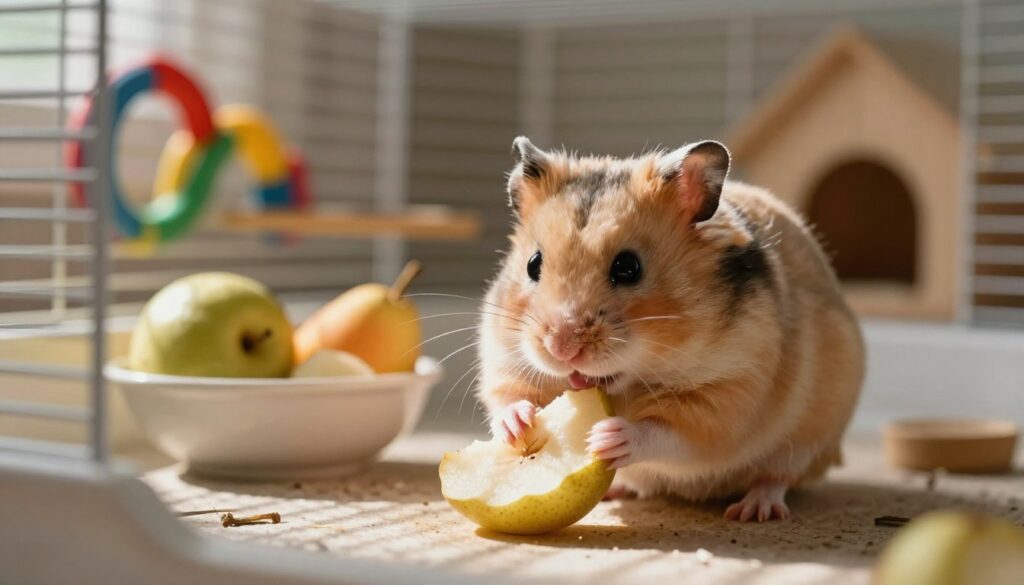 A concerned owner observing their small, fluffy hamster inside a spacious cage, showcasing various symptoms of health issues after possibly eating a pear. The foreground features the hamster with a worried expression, lightly trembling, with its fur slightly ruffled, while its tiny paws grasp a small piece of uneaten pear. In the middle ground, a small bowl with fresh fruits is visible, indicating what the hamster has been offered. The background includes colorful toys and a cozy habitat setup. Soft, natural lighting filters through the cage, creating warm highlights and subtle shadows, enhancing the mood of concern for the pet's well-being. The image should capture the essence of attentive pet care, emphasizing the importance of monitoring small animal health. A concerned owner observing their small, fluffy hamster inside a spacious cage, showcasing various symptoms of health issues after possibly eating a pear. The foreground features the hamster with a worried expression, lightly trembling, with its fur slightly ruffled, while its tiny paws grasp a small piece of uneaten pear. In the middle ground, a small bowl with fresh fruits is visible, indicating what the hamster has been offered. The background includes colorful toys and a cozy habitat setup. Soft, natural lighting filters through the cage, creating warm highlights and subtle shadows, enhancing the mood of concern for the pet's well-being. The image should capture the essence of attentive pet care, emphasizing the importance of monitoring small animal health.