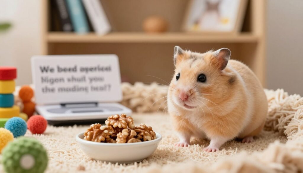 A concerned pet owner examines a small, slightly overweight hamster sitting in a cozy, well-lit habitat decorated with soft bedding and colorful chew toys. In the foreground, a small bowl of walnuts is carefully placed, emphasizing caution while also showcasing potential treats. The hamster looks inquisitive yet slightly uncomfortable, embodying the theme of health concerns related to diet. In the middle ground, a faint image of a weighing scale and a gentle reminder sign about monitoring pet health can be subtly integrated. The background consists of soft focus on a shelf with pet care books, creating a homely atmosphere. The lighting is warm and inviting, conveying a sense of care and attention, while the overall mood is one of responsibility and awareness of dietary impacts on pet well-being. A concerned pet owner examines a small, slightly overweight hamster sitting in a cozy, well-lit habitat decorated with soft bedding and colorful chew toys. In the foreground, a small bowl of walnuts is carefully placed, emphasizing caution while also showcasing potential treats. The hamster looks inquisitive yet slightly uncomfortable, embodying the theme of health concerns related to diet. In the middle ground, a faint image of a weighing scale and a gentle reminder sign about monitoring pet health can be subtly integrated. The background consists of soft focus on a shelf with pet care books, creating a homely atmosphere. The lighting is warm and inviting, conveying a sense of care and attention, while the overall mood is one of responsibility and awareness of dietary impacts on pet well-being.