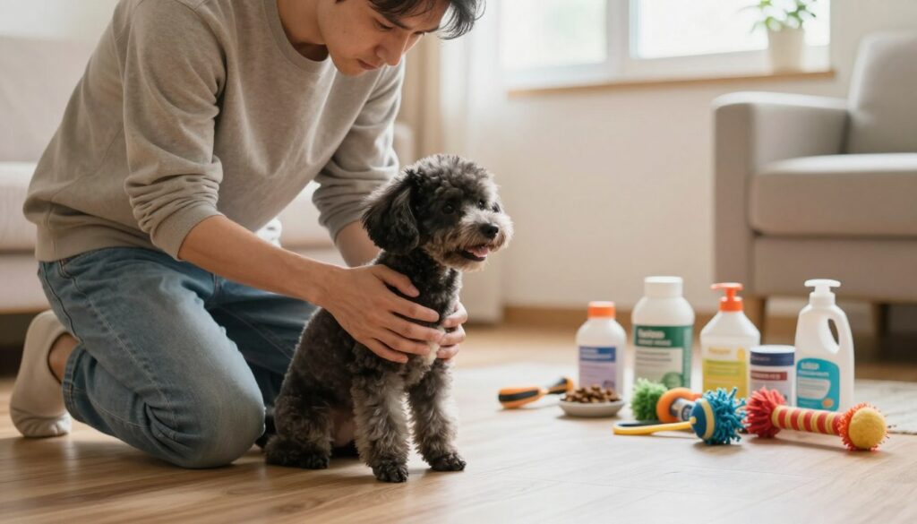 A concerned pet owner gently holding a small Toy Poodle in a cozy living room, emphasizing a warm and nurturing environment. The foreground features the owner wearing modest casual clothing, kneeling down to eye level with the dog, displaying a loving interaction. The Toy Poodle has a shiny coat, looking healthy and happy. In the middle ground, a variety of dog care supplies like food, toys, and grooming tools are neatly arranged, symbolizing proper pet care practices. The background has soft, natural lighting filtering through a window, creating a calm and inviting atmosphere. The scene conveys a sense of responsibility and love, highlighting the importance of attentive pet ownership for the well-being of the dog. A concerned pet owner gently holding a small Toy Poodle in a cozy living room, emphasizing a warm and nurturing environment. The foreground features the owner wearing modest casual clothing, kneeling down to eye level with the dog, displaying a loving interaction. The Toy Poodle has a shiny coat, looking healthy and happy. In the middle ground, a variety of dog care supplies like food, toys, and grooming tools are neatly arranged, symbolizing proper pet care practices. The background has soft, natural lighting filtering through a window, creating a calm and inviting atmosphere. The scene conveys a sense of responsibility and love, highlighting the importance of attentive pet ownership for the well-being of the dog.
