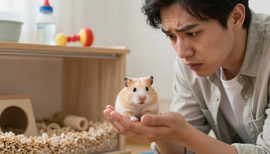 A concerned pet owner holds a small, fluffy hamster in their hands, observing its subtle signs of stress. The foreground features the owner's worried expression, dressed in casual, comfortable clothing. The medium middle ground shows the hamster, with a slightly puffed body and wide eyes, sitting atop soft bedding in a cozy habitat. In the background, a well-organized pet space with accessories like a water bottle and chew toys conveys a sense of caring environment. Soft, warm lighting highlights the emotional connection between the owner and the hamster, creating an introspective atmosphere. This close-up shot captures the bond while emphasizing the importance of monitoring stress signals for the well-being of the pet. A concerned pet owner holds a small, fluffy hamster in their hands, observing its subtle signs of stress. The foreground features the owner's worried expression, dressed in casual, comfortable clothing. The medium middle ground shows the hamster, with a slightly puffed body and wide eyes, sitting atop soft bedding in a cozy habitat. In the background, a well-organized pet space with accessories like a water bottle and chew toys conveys a sense of caring environment. Soft, warm lighting highlights the emotional connection between the owner and the hamster, creating an introspective atmosphere. This close-up shot captures the bond while emphasizing the importance of monitoring stress signals for the well-being of the pet.
