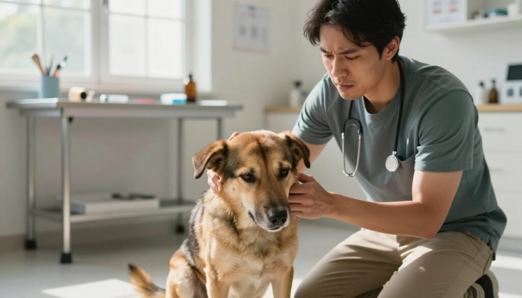 A concerned pet owner in a cozy, well-lit veterinary clinic, kneeling beside a medium-sized dog with a worried expression, showing clear signs of discomfort, such as scratching and a tilted head. The vet's examination table is in the background, cluttered with veterinary tools and pet care supplies, hinting at a professional atmosphere. Soft, natural daylight streams in through a window, illuminating the scene and creating a warm, reassuring ambiance. The owner is wearing modest casual clothing, exhibiting a caring demeanor, while the dog appears to be a mixed breed with a shiny coat. The overall mood emphasizes the importance of recognizing health symptoms in pets, urging a sense of urgency and care.