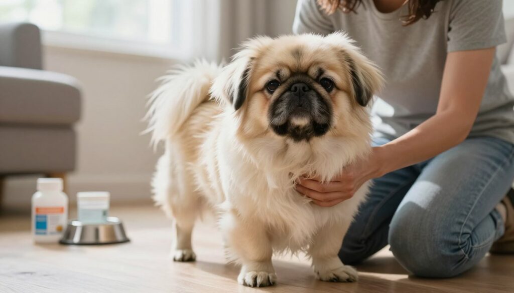 A concerned pet owner kneeling beside a Pekingese, examining its health, in a bright, airy living room setting. The Pekingese, with its distinctive long, flowing coat and flat face, appears to be experiencing visible discomfort, emphasizing common health issues like breathing difficulties or eye problems. In the background, pet care products such as vitamin supplements and a bowl of water are subtly placed, enhancing the context. Soft natural light filters through a window, casting a warm glow over the scene, highlighting the bond between the owner and the dog. The mood is serious yet caring, focusing on the importance of health awareness for the breed. The angle captures the intimate moment between the owner and the pet, conveying empathy and concern.